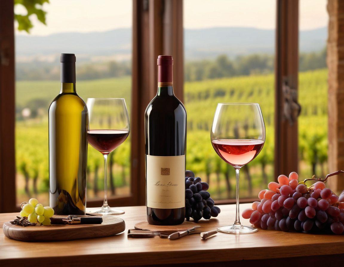 An elegant wine setting featuring an assortment of luxurious wine accessories including a corkscrew, wine glasses, and a decanter, arranged on a wooden table. Soft ambient lighting highlights the rich colors of various wine bottles in the background, while a plush vineyard landscape can be seen through a window. The scene evokes sophistication and elegance, inviting the viewer to indulge in the wine experience. super-realistic. warm colors. soft focus.