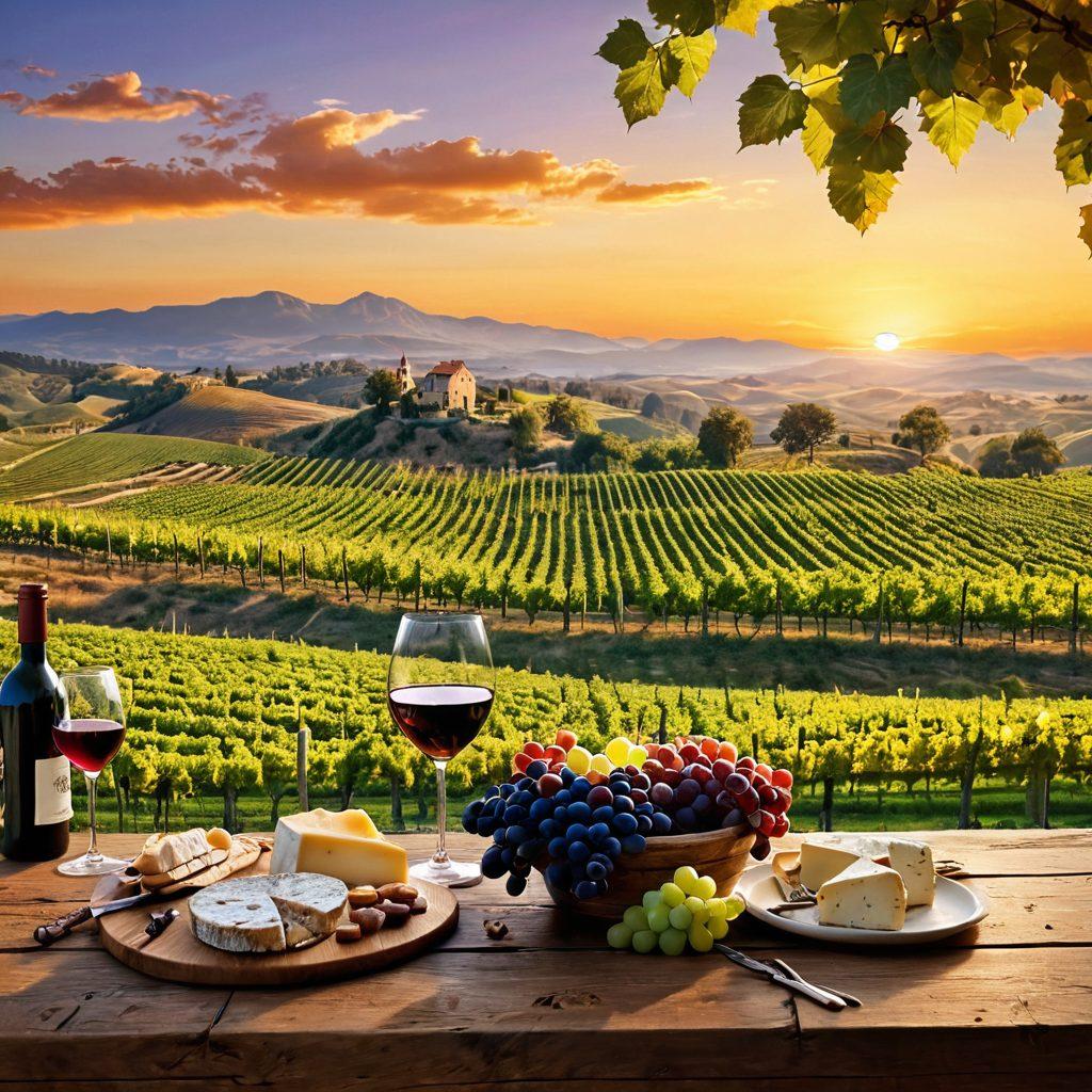 A captivating vineyard landscape at sunset, featuring lush grapevines stretching toward the horizon, a couple enjoying a wine tasting on a rustic wooden table, with elegant wine glasses and an assortment of cheeses nearby. Include distant hills and a soft golden light illuminating the scene, creating a serene and inviting atmosphere. super-realistic. vibrant colors. 3D.