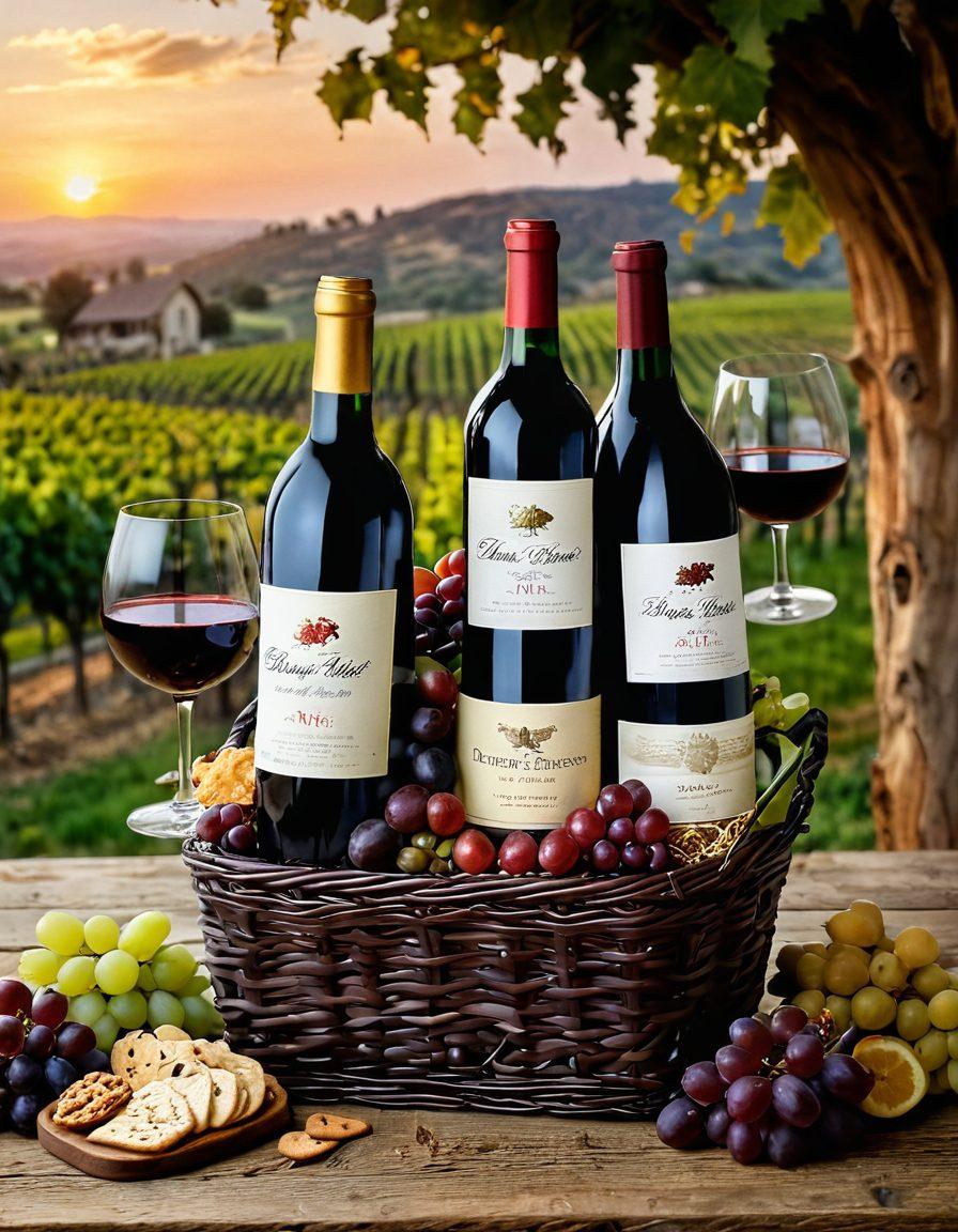 A beautifully arranged wine gift basket filled with assorted wines, elegant glasses, and gourmet snacks, set against a backdrop of a rustic vineyard at sunset. Include a cheerful group of friends toasting with wine glasses, embodying joy and celebration. The scene should radiate warmth and conviviality, emphasizing the exquisite pleasure of wine gifting. super-realistic. vibrant colors. rustic theme.